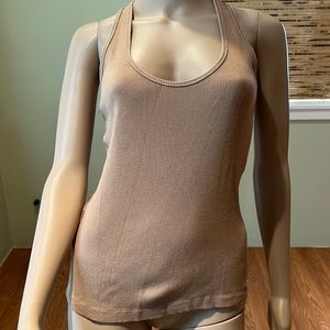 Foxy Tan Lace Back Tank Top With Silver Foxy Logo zon Front Size L